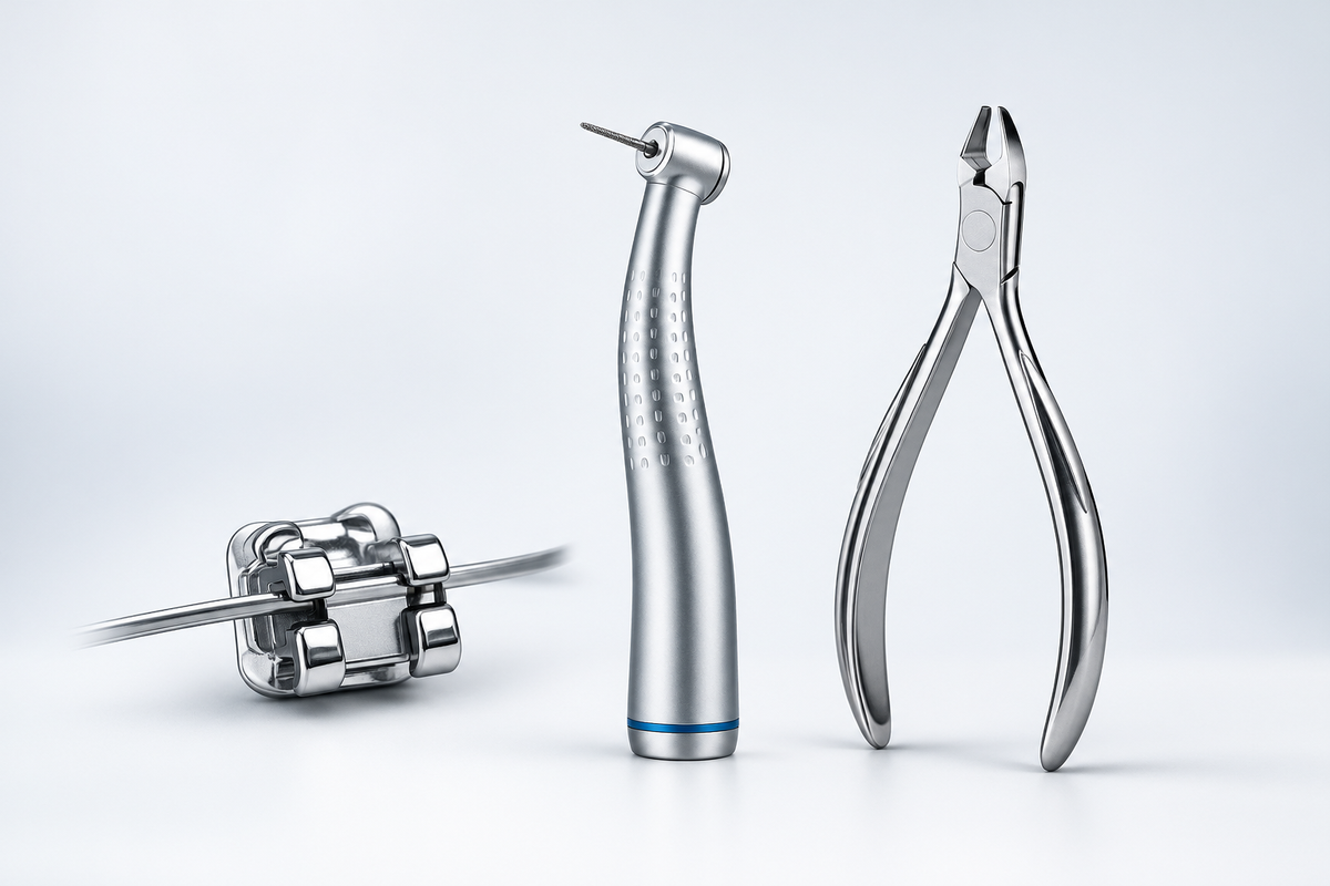 Dental handpiece, orthodontic pliers and bracket on a clean white background