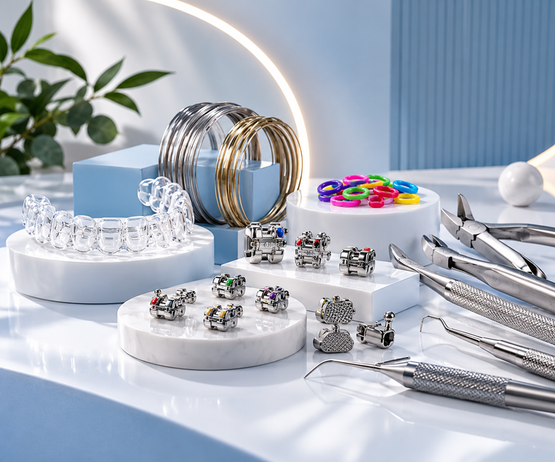 Premium orthodontic tools, brackets, archwires and clear aligners on a modern display