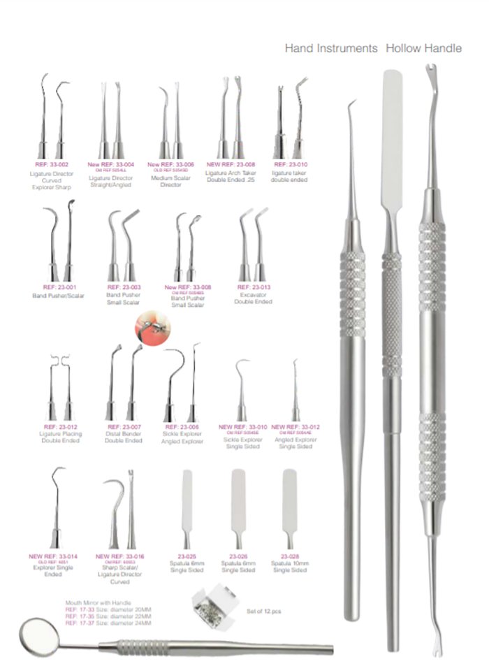 Hollow handle hand instruments for dental and orthodontic use